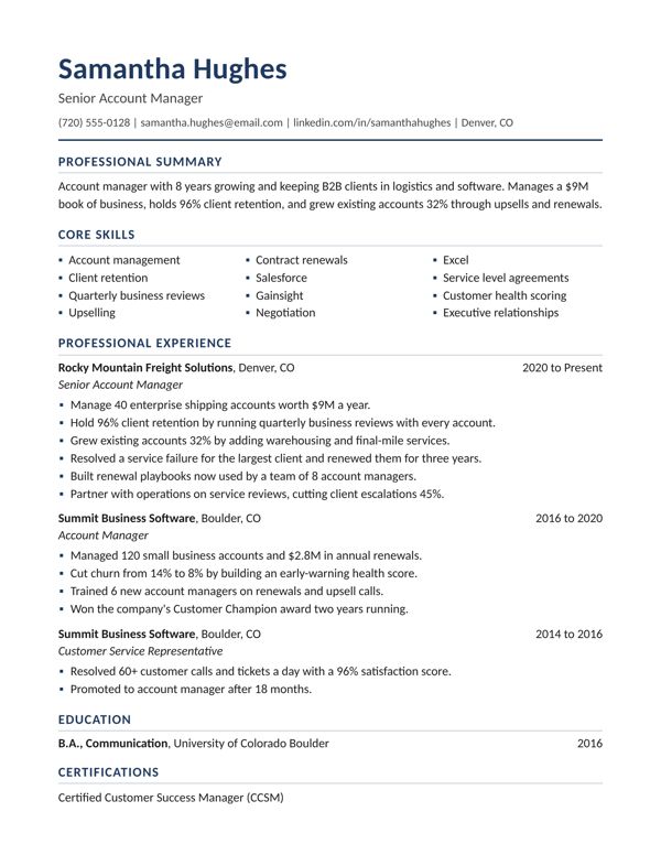 Example resume for a Account Manager, Corporate design