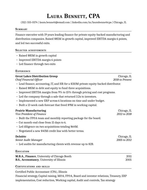 Example resume for a Chief Financial Officer, Ivy design