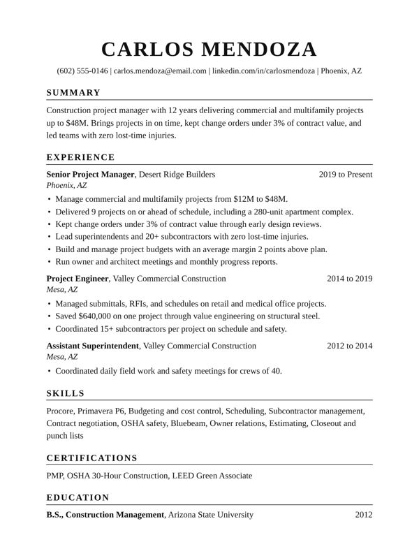 Example resume for a Construction Project Manager, Classic design