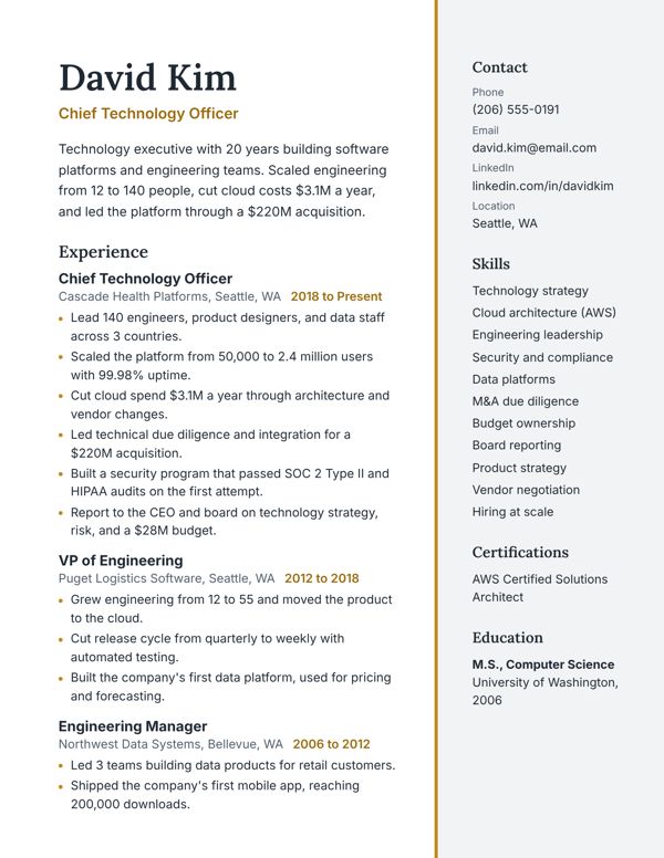 Example resume for a Chief Technology Officer, Right rail design