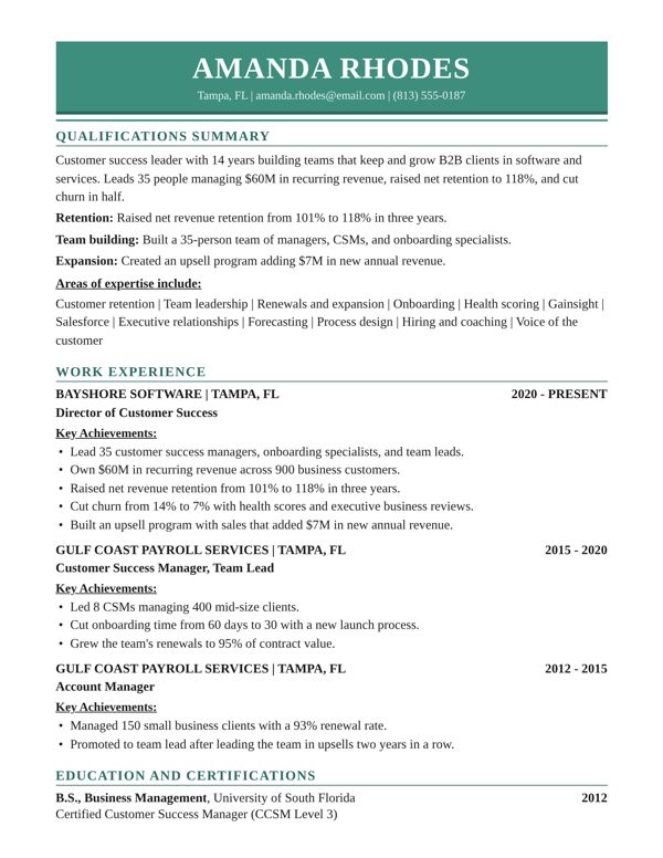 Example resume for a Director of Customer Success, Color band design