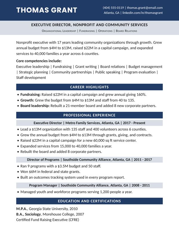 Example resume for a Executive Director, Navy bar design
