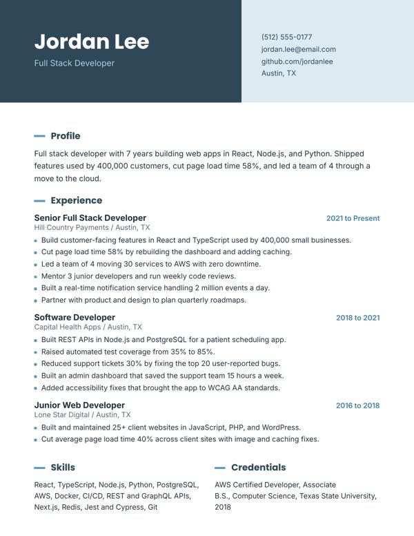 Example resume for a Full Stack Developer, Split header design