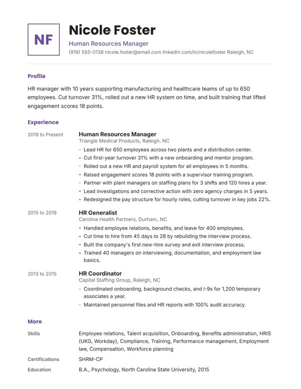 Example resume for a HR Manager, Monogram design