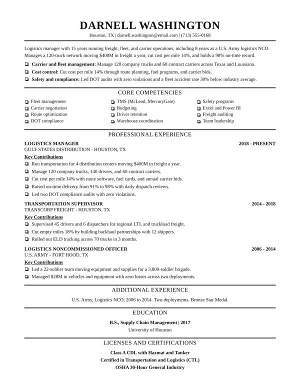 Example resume for a Logistics Manager, Boardroom design