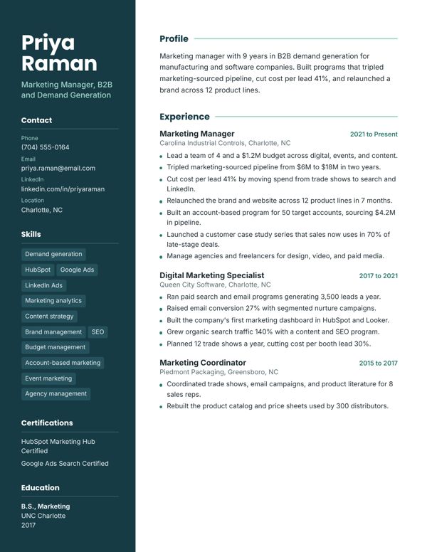 Example resume for a Marketing Manager, Sidebar design