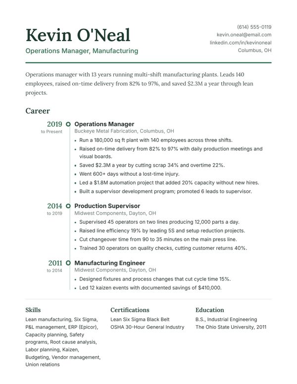 Example resume for a Operations Manager, Timeline design