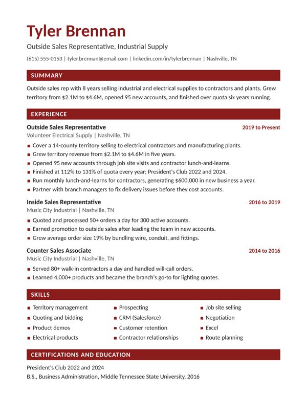 Example resume for a Outside Sales Rep, Blocks design