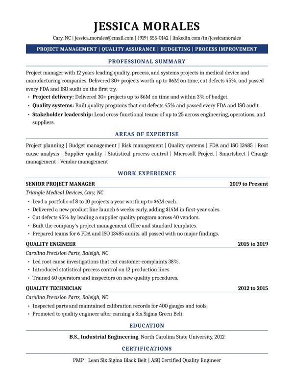 Example resume for a Project Manager, Keyword banner design
