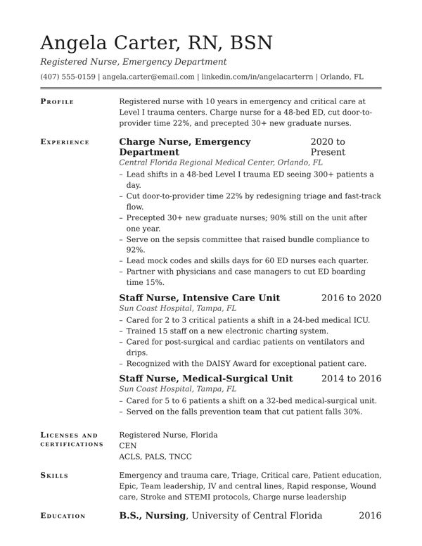 Example resume for a Registered Nurse, Traditional design