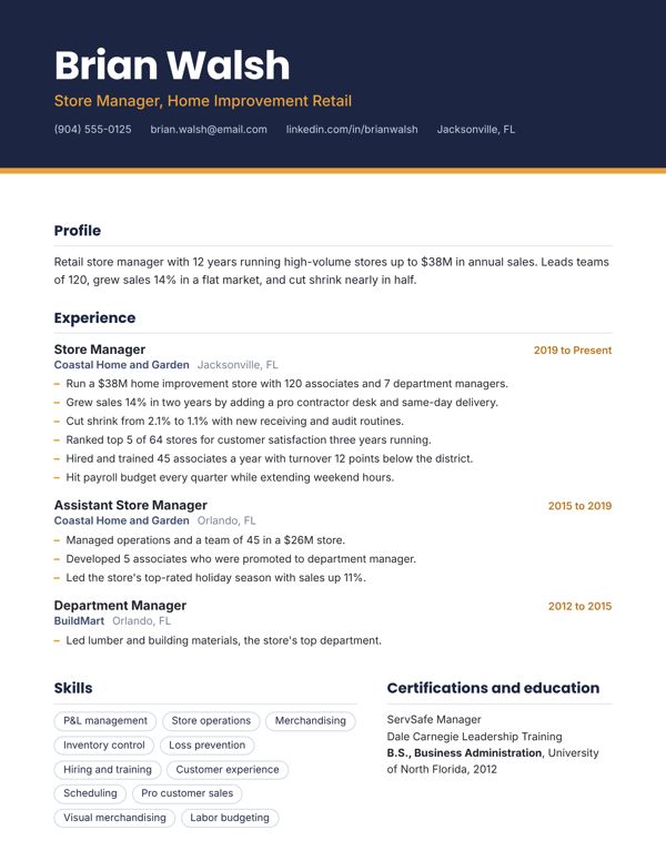 Example resume for a Retail Store Manager, Header band design