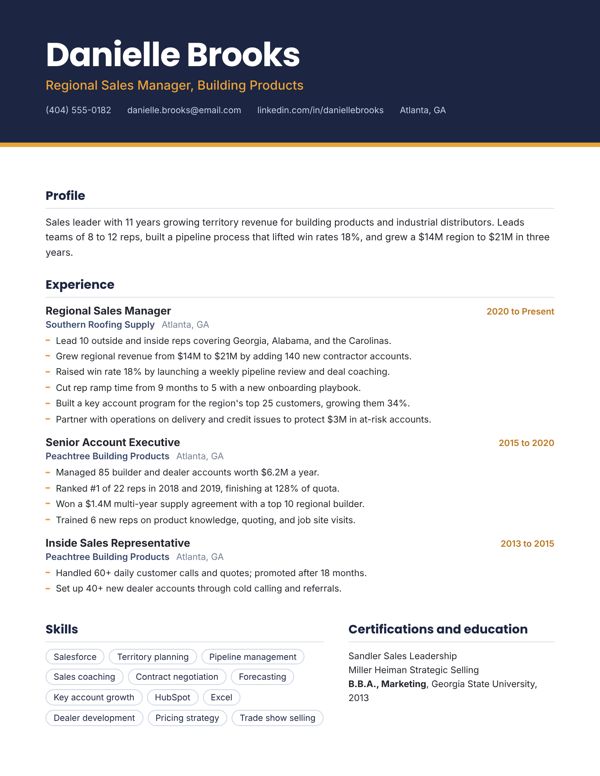 Example resume for a Sales Manager, Header band design