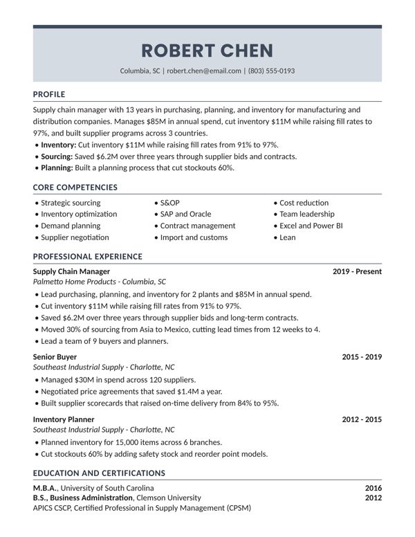 Example resume for a Supply Chain Manager, Gray header design