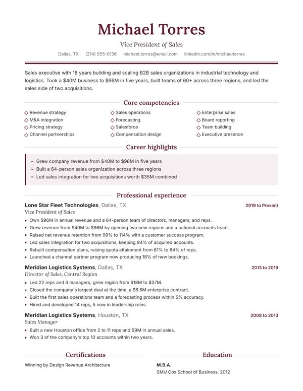 Example resume for a VP of Sales, Executive design
