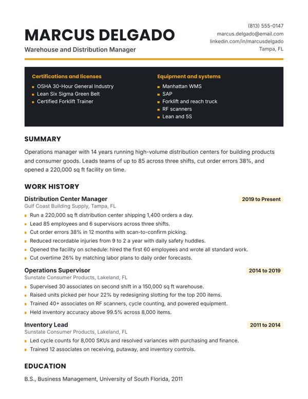 Example resume for a Warehouse Manager, Field Pro design